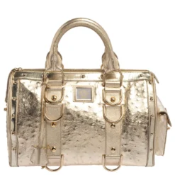 Versace Gold Ostrich Embossed Leather Snap Out Of It Satchel For Women