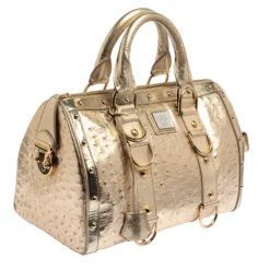 Versace Gold Ostrich Embossed Leather Snap Out Of It Satchel For Women -Versace Official Website luxury women versace used handbags p399182 002