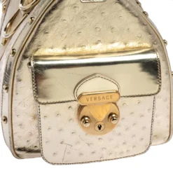 Versace Gold Ostrich Embossed Leather Snap Out Of It Satchel For Women -Versace Official Website luxury women versace used handbags p399182 005