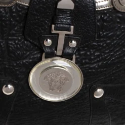 Versace Black/Metallic Leather Medusa Plaque Flap Satchel For Women -Versace Official Website luxury women versace used handbags p400183 004