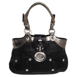 Versace Black/Metallic Leather Medusa Plaque Flap Satchel For Women