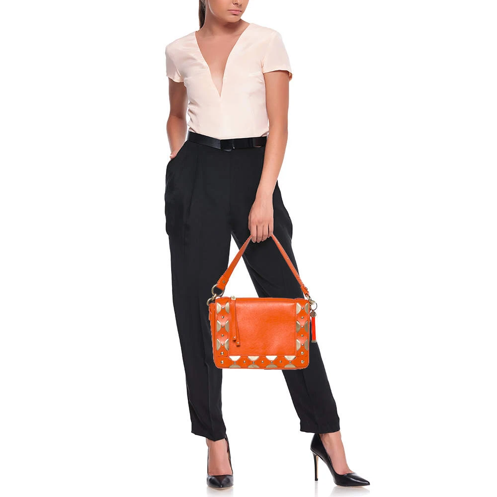 Versace Orange Leather Studded Flap Shoulder Bag For Women 2 Versace Orange Leather Studded Flap Shoulder Bag For Women - Image 2