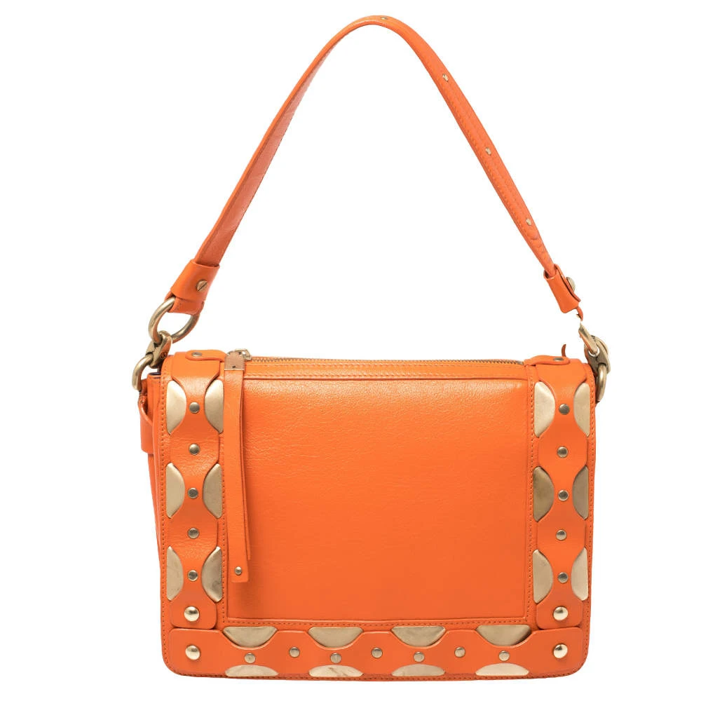 Versace Orange Leather Studded Flap Shoulder Bag For Women 1 Versace Orange Leather Studded Flap Shoulder Bag For Women