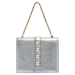 Versace Silver Leather Studded Flap Clutch For Women -Versace Official Website luxury women versace used handbags p402343 002