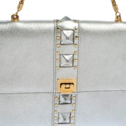 Versace Silver Leather Studded Flap Clutch For Women -Versace Official Website luxury women versace used handbags p402343 003
