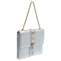 Versace Silver Leather Studded Flap Clutch For Women -Versace Official Website luxury women versace used handbags p402343 004