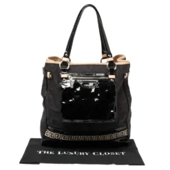 Versace Black Canvas And Patent Leather Tote For Women -Versace Official Website luxury women versace used handbags p403247 002
