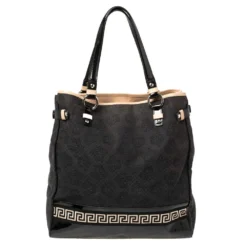 Versace Black Canvas And Patent Leather Tote For Women -Versace Official Website luxury women versace used handbags p403247 010