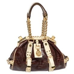 Versace Brown/Beige Croc Embossed Leather Madonna Satchel For Women