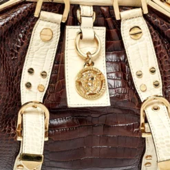 Versace Brown/Beige Croc Embossed Leather Madonna Satchel For Women 15 Versace Brown/Beige Croc Embossed Leather Madonna Satchel For Women -Versace Official Website luxury women versace used handbags p404596 002