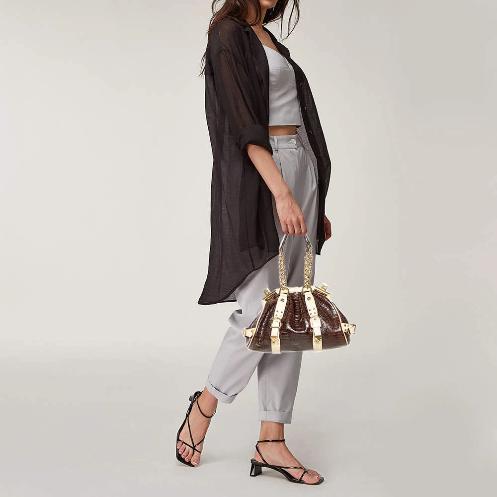 Versace Brown/Beige Croc Embossed Leather Madonna Satchel For Women 2 Versace Brown/Beige Croc Embossed Leather Madonna Satchel For Women - Image 2