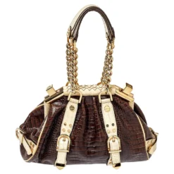 Versace Brown/Beige Croc Embossed Leather Madonna Satchel For Women 14 Versace Brown/Beige Croc Embossed Leather Madonna Satchel For Women -Versace Official Website luxury women versace used handbags p404596 005