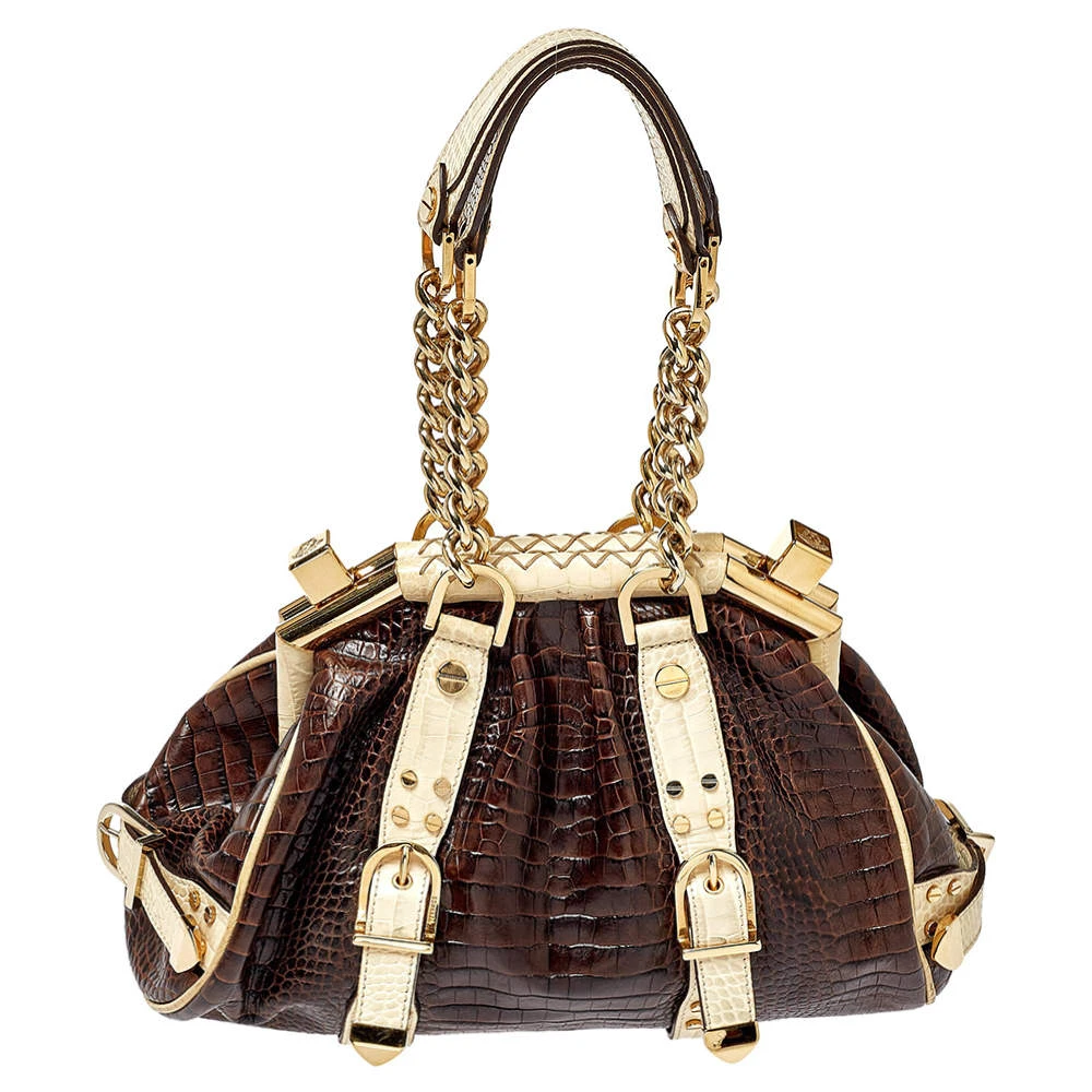 Versace Brown/Beige Croc Embossed Leather Madonna Satchel For Women 4 Versace Brown/Beige Croc Embossed Leather Madonna Satchel For Women - Image 4