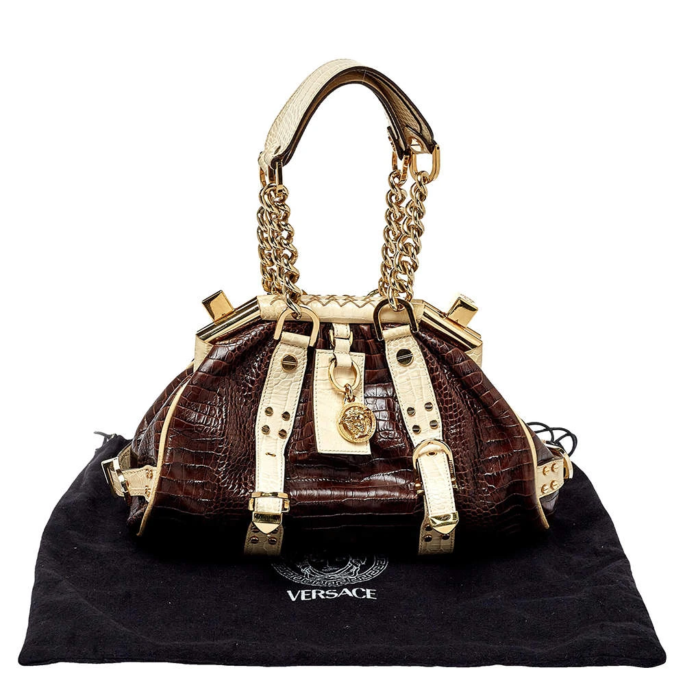 Versace Brown/Beige Croc Embossed Leather Madonna Satchel For Women 9 Versace Brown/Beige Croc Embossed Leather Madonna Satchel For Women - Image 9