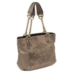 Versace Metallic Perforated Logo Leather Chain Hobo For Women -Versace Official Website luxury women versace used handbags p405558 011