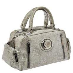 Versace Silver Croc Embossed Leather Satchel For Women -Versace Official Website luxury women versace used handbags p405682 009