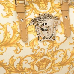 Versace Mustard/Beige Printed Coated Canvas And Leather Medusa Boston Bag For Women -Versace Official Website luxury women versace used handbags p406166 006