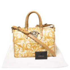 Versace Mustard/Beige Printed Coated Canvas And Leather Medusa Boston Bag For Women -Versace Official Website luxury women versace used handbags p406166 008