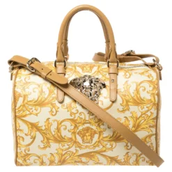 Versace Mustard/Beige Printed Coated Canvas And Leather Medusa Boston Bag For Women