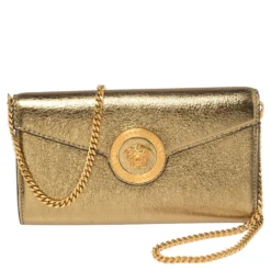 Versace Metallic Gold Leather Medusa Wallet On Chain For Women