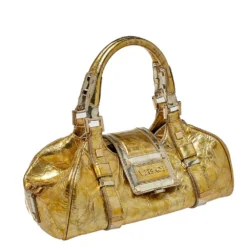 Versace Metallic Gold Crinkled Leather Satchel For Women -Versace Official Website luxury women versace used handbags p410964 009