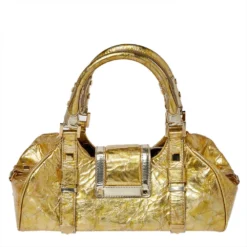 Versace Metallic Gold Crinkled Leather Satchel For Women -Versace Official Website luxury women versace used handbags p410964 010
