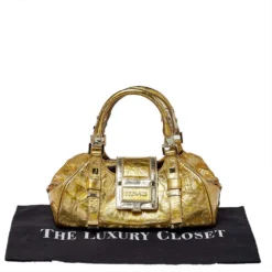 Versace Metallic Gold Crinkled Leather Satchel For Women -Versace Official Website luxury women versace used handbags p410964 011