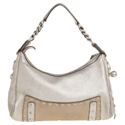 Versace Gold/Beige Leather And Suede Studded Hobo For Women -Versace Official Website luxury women versace used handbags p416231 008