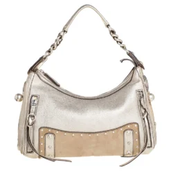 Versace Gold/Beige Leather And Suede Studded Hobo For Women