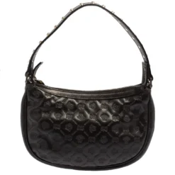 Versace Black Logo Embossed Leather Small Studded Baguette Bag For Women