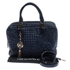 Versace Navy Blue Leather Demetra Vanitas Satchel For Women -Versace Official Website luxury women versace used handbags p426430 1619841556 001