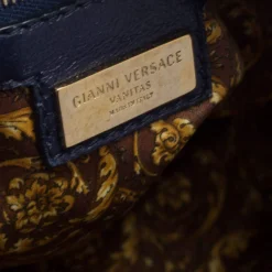 Versace Navy Blue Leather Demetra Vanitas Satchel For Women -Versace Official Website luxury women versace used handbags p426430 1619841565 003