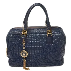Versace Navy Blue Leather Demetra Vanitas Satchel For Women