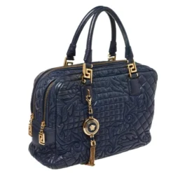 Versace Navy Blue Leather Demetra Vanitas Satchel For Women -Versace Official Website luxury women versace used handbags p426430 1619841577 005