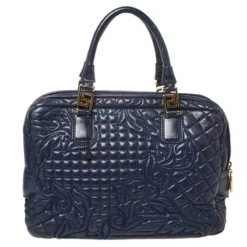 Versace Navy Blue Leather Demetra Vanitas Satchel For Women -Versace Official Website luxury women versace used handbags p426430 1619841584 006