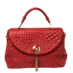 Versace Red Quilted Leather Altea Barocco Vanitas Top Handle Bag For Women