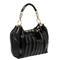 Versace Black Patent And Leather Stripe Logo Hobo For Women -Versace Official Website luxury women versace used handbags p426873 006