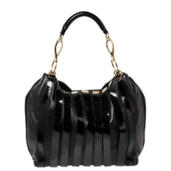 Versace Black Patent And Leather Stripe Logo Hobo For Women