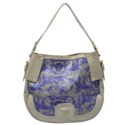 Versace Grey/Blue Majolica Print Leather Hobo For Women