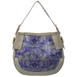 Versace Grey/Blue Majolica Print Leather Hobo For Women -Versace Official Website luxury women versace used handbags p427021 004