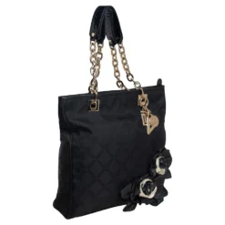 Versace Black Monogram Canvas And Fabric Floral Applique Tote For Women -Versace Official Website luxury women versace used handbags p431401 008