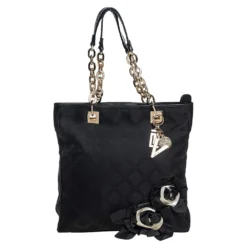 Versace Black Monogram Canvas And Fabric Floral Applique Tote For Women