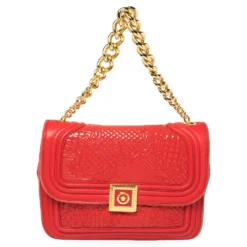 Versace Red Patent Leather And Suede Medusa Chain Flap Shoulder Bag For Women