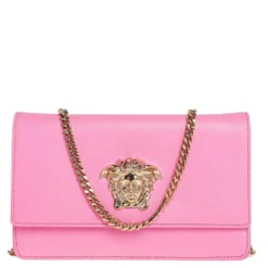 Versace Pink Leather Medusa Medusa Chain Clutch For Women