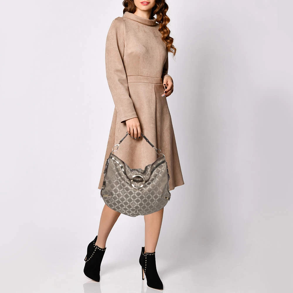 Versace Metallic Grey Signature Canvas And Leather Trim Hobo For Women 2 Versace Metallic Grey Signature Canvas And Leather Trim Hobo For Women - Image 2