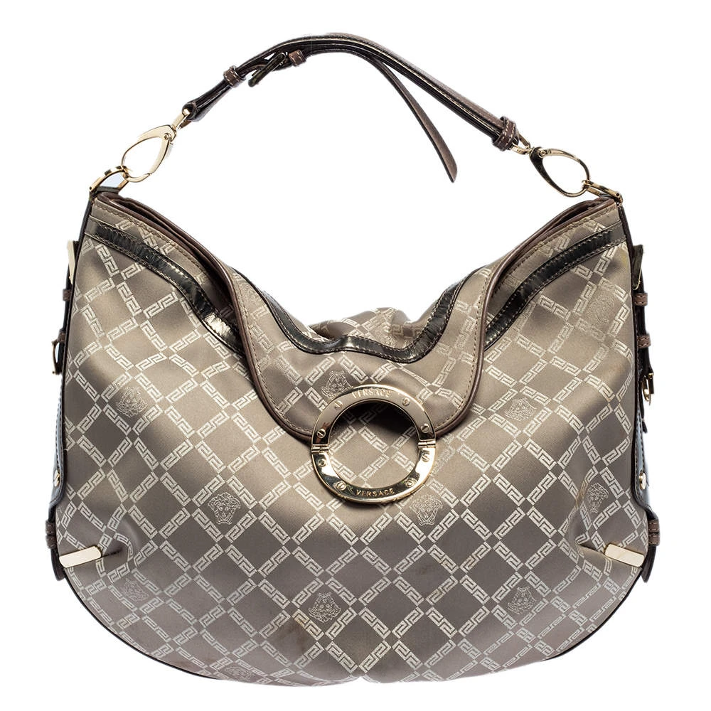 Versace Metallic Grey Signature Canvas And Leather Trim Hobo For Women 1 Versace Metallic Grey Signature Canvas And Leather Trim Hobo For Women
