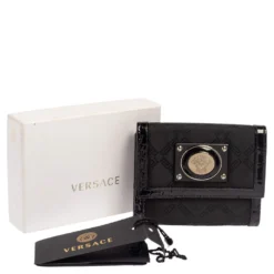 Versace Black Signature Nylon And Croc Embossed Patent Leather Flap Compact Wallet For Women -Versace Official Website luxury women versace used handbags p441501 002