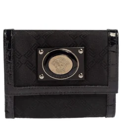 Versace Black Signature Nylon And Croc Embossed Patent Leather Flap Compact Wallet For Women