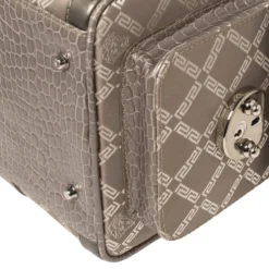 Versace Metallic Grey Signature Canvas And Croc Embossed Leather Snap Out Of It Satchel For Women -Versace Official Website luxury women versace used handbags p443916 010