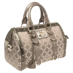 Versace Metallic Grey Signature Canvas And Croc Embossed Leather Snap Out Of It Satchel For Women -Versace Official Website luxury women versace used handbags p443916 014